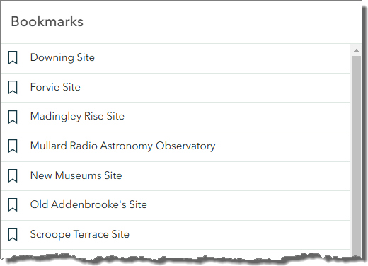 Screenshot of the University map demonstrating the bookmarks panel
