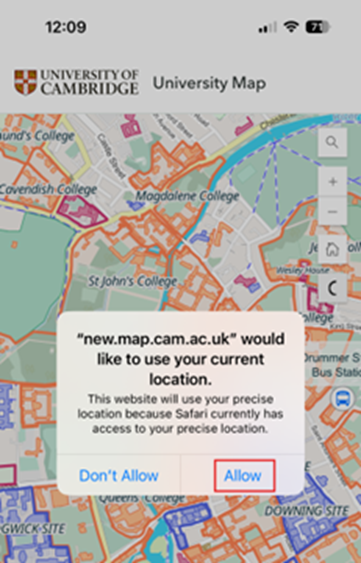 Screenshot of the University map demonstrating allowing the map to use your current location