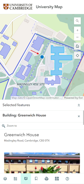 Screenshot of the University map demonstrating the blue dot in the centre of the screen, indicating your location