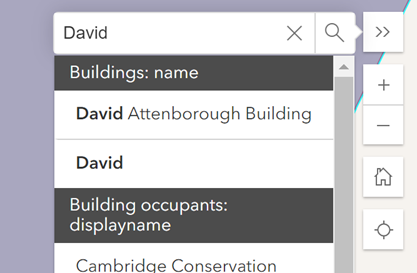 Screenshot of the University map demonstrating different results for "david" in the search bar