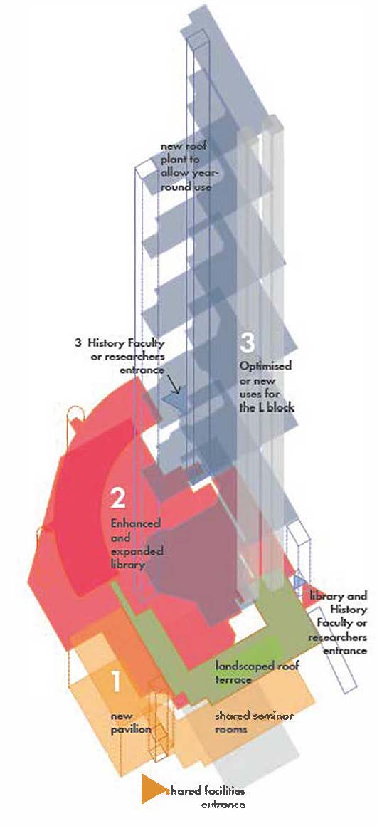 Diagram of the Stirling building highlighting various entrances and sections.