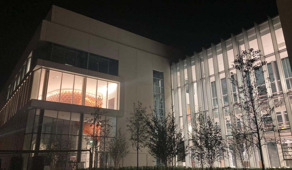 Ray Dolby Centre external nighttime visual. 