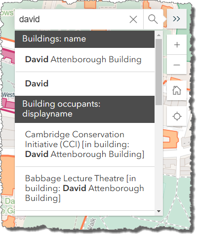 Screenshot of the University map demonstrating the search bar