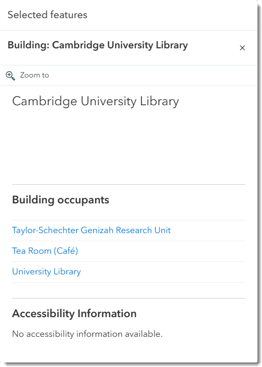 Screenshot of the University map demonstrating the selected features panel