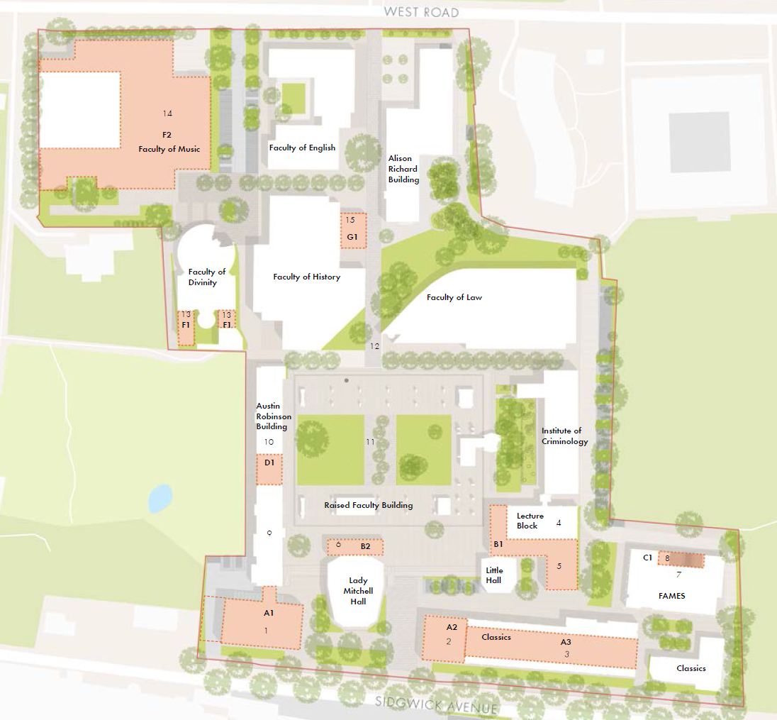 Map of the Sidgwick Site with proposed changes as outlined in the Masterplan.