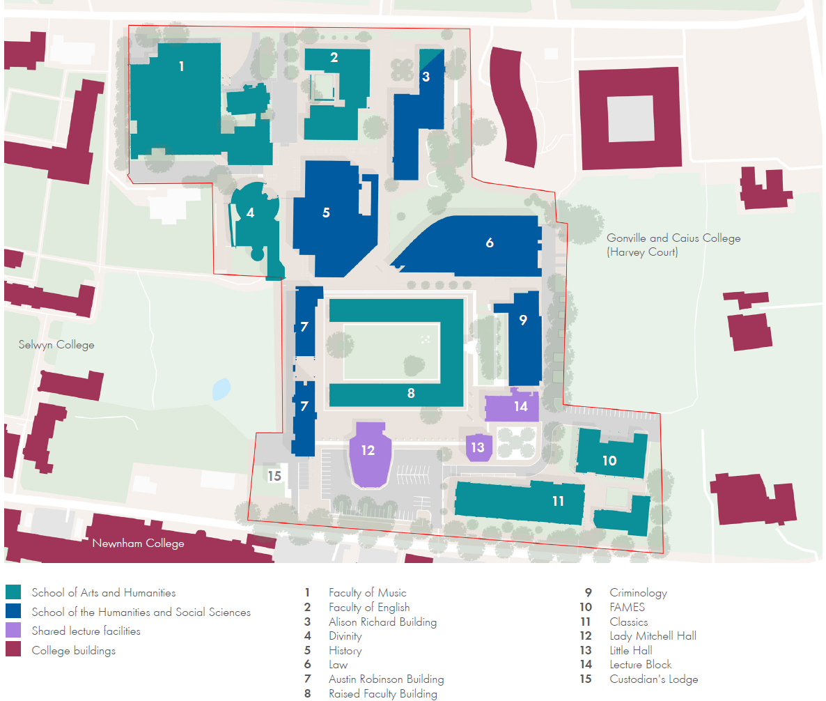 Map of the Sidgwick Site, labelling where the different Schools and Faculty buildings are located