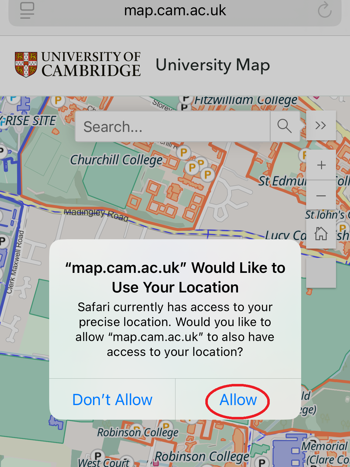 Screenshot of University map showing the pop-up to allow location settings on mobile