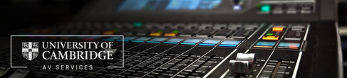 Image of audio equipment, sliders on an audio desk, with University logo superimposed on top