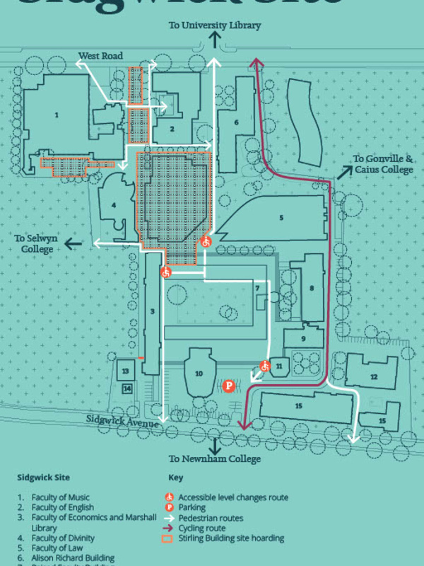 Map showing cycle and pedestrian routes around the Sidgwick site whilst the Stirling Project is underway