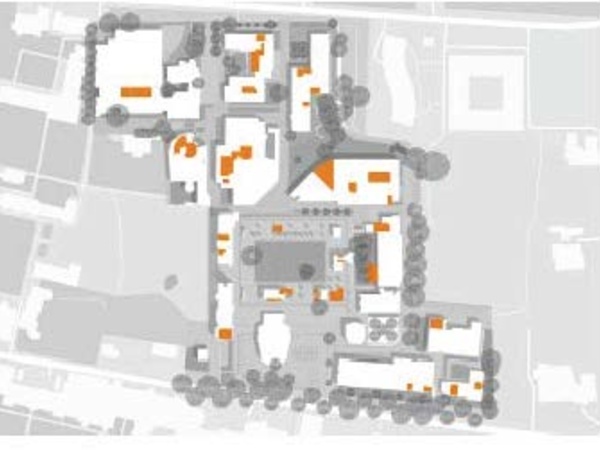Map of Stirling site with social spaces marked orange